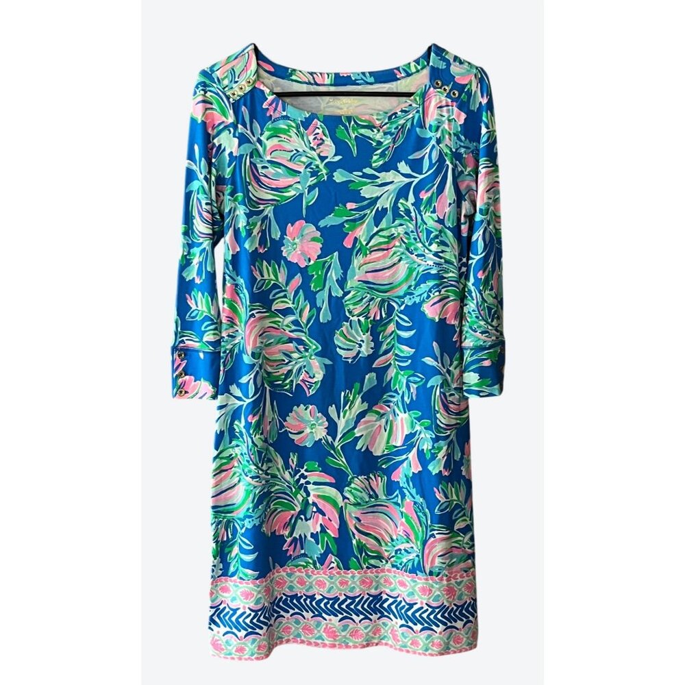 Lilly Pulitzer Women's Small 3/4 Sleeve Round Neck Floral Dress Blue Green Pink